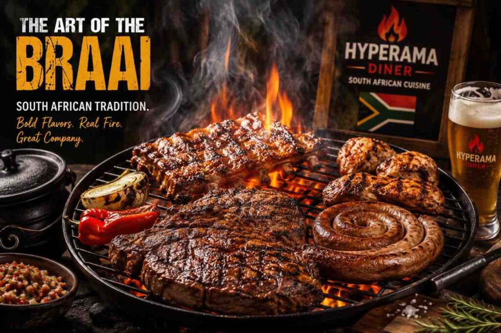 The art of the braai, meat on flaming grill