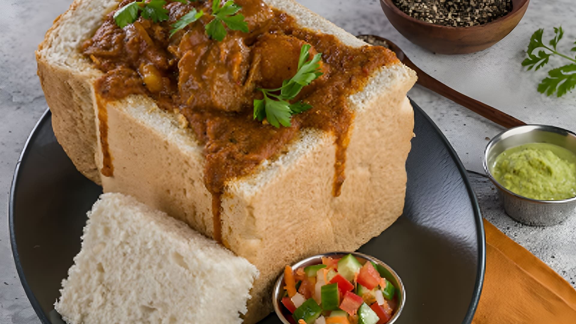 Bunny Chow served in a hollowed-out loaf of bread filled with curry, South African dish popular in Dubai.